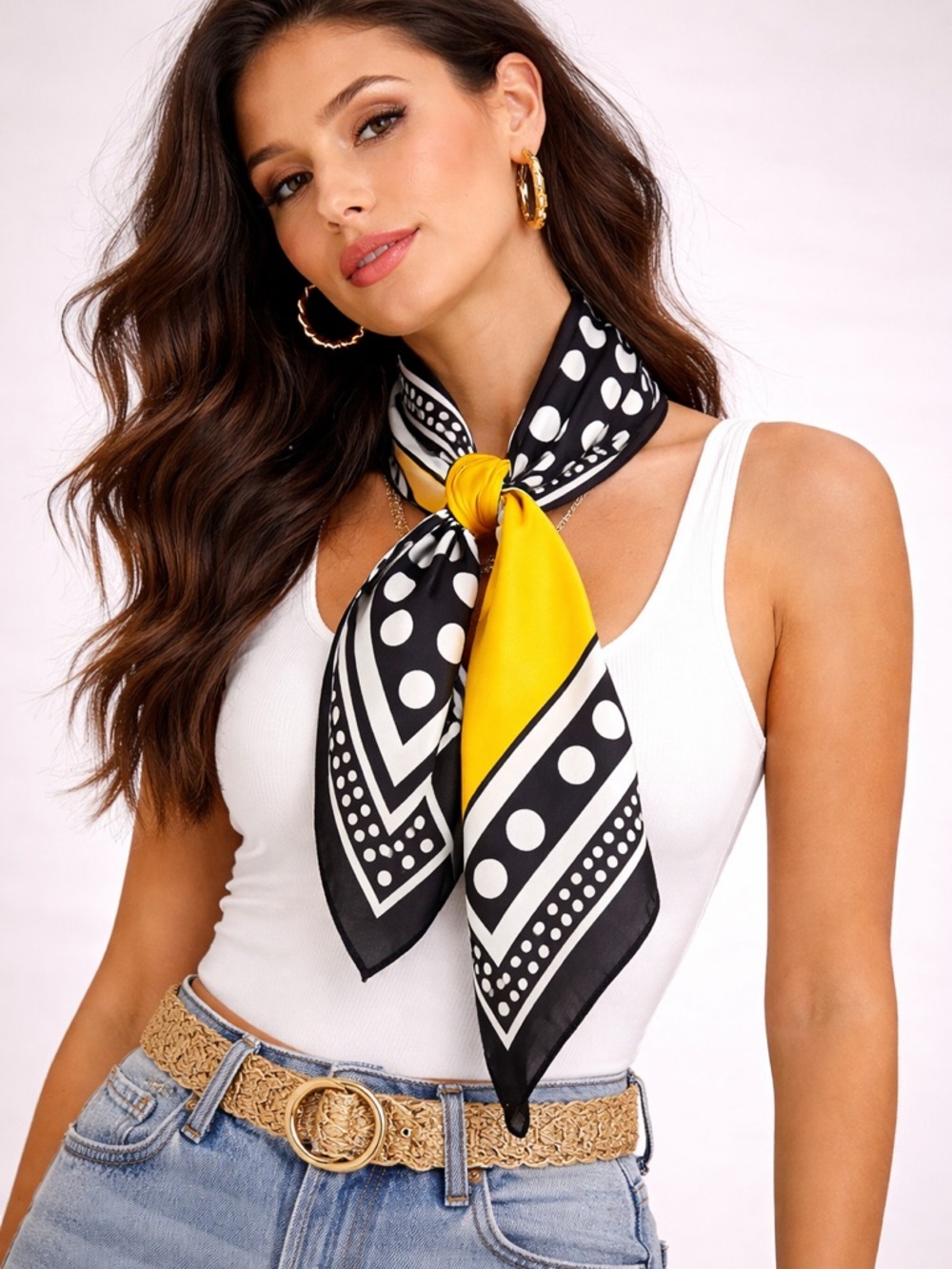 Echo Silk Scarf Black White Polka Dot Yellow Square Vintage Style